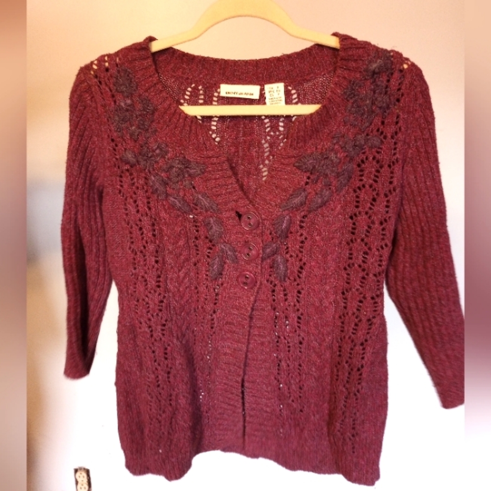 DKNY Jeans Embroidered maroon and purple cardigan sweater